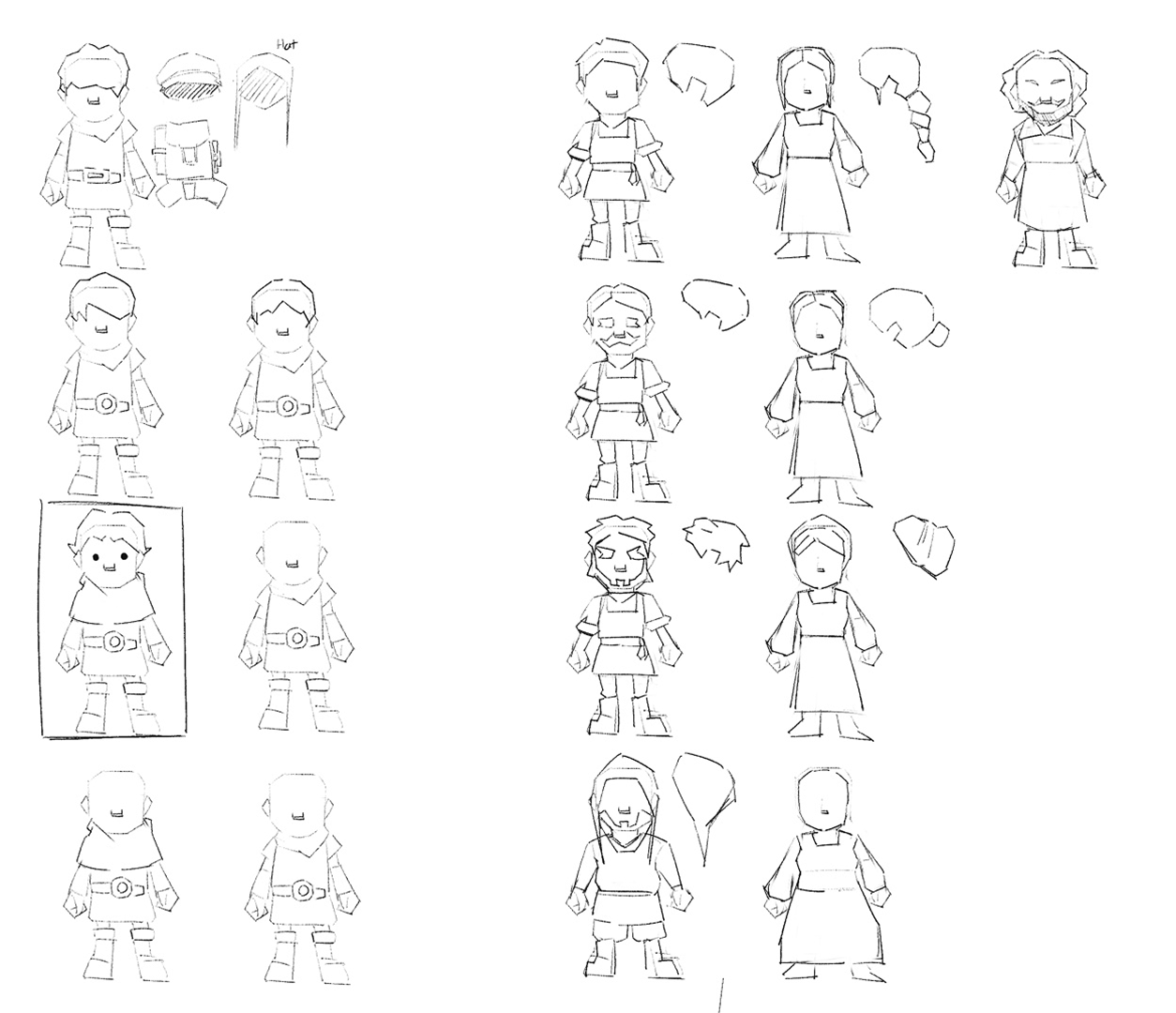 Based on the reference, I went into Procreate and started sketching out simple designs for the player character and the npc that the user will be interacting with. Basing the design off of the reference helped to get a solid idea of how the characters will look in-game.