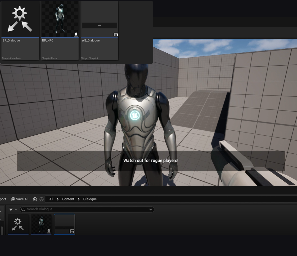 To be able to conduct some level of instructions and story-telling into our game, we need to focus on having dialogues with NPCs<br>
      <br>
      HMI... leverage tutorials to create user-triggered dialogue with NPCs in an open-world format<br>
      <br>
      Plan: Apply instructions from tutorials. shape it to match our game style<br>
      <br>
      Act:<br>
      Create base dialogue boxes<br>
      Create an array of messages that are cycled through by user input<br>
      Create a listener to pick up keyboard input (‘E’ key press)<br>
      Ensure listener only triggers the function near the relevant NPC.<br>
      Ensure the conversation ends with the last line and no further dialogue is triggered<br>
      <br>
      Observe: <br>
      I had trouble with the interface system at first as the text outputted was not displaying in the dialogue box<br>
      I managed to fix it by editing the anchor point for the widget which controls the size relative to the parent container<br>
      <br>
      Reflect: I was able to get the base dialogue system working with relative ease. The next steps for the dialogue system is:<br>
      To have a script of various instructions and interactions planned<br>
      Change the U.I of the dialogues to show greater clarity and match our game style (Wood texture, Press ‘E’ to continue, etc.)<br>
      <br>
      <a href='https://www.youtube.com/watch?v=hbs0xaNOeA0' target='_blank'><p>Tutorial Video</p></a> 
      <a href='https://youtu.be/1jPeRhCJIrk' target='_blank'><p>Narration Demo Video</p></a>